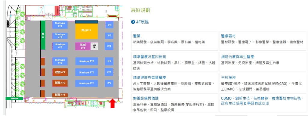 BIOMED-X 4F 展區平面配置與產業規劃示意圖